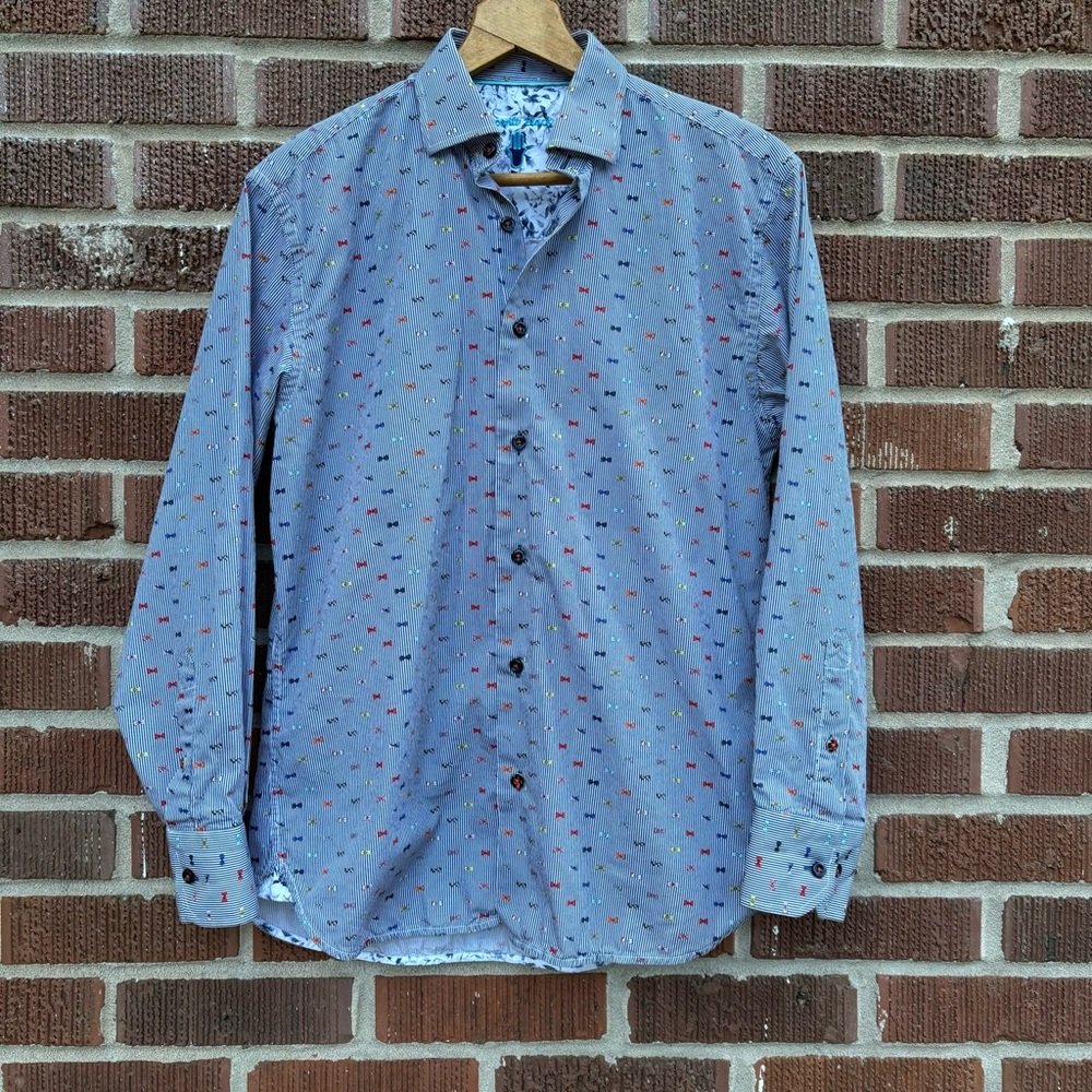 Luchiano Visconti Casual Shirt Mens Navy Striped w/ Bowtie Print Size S